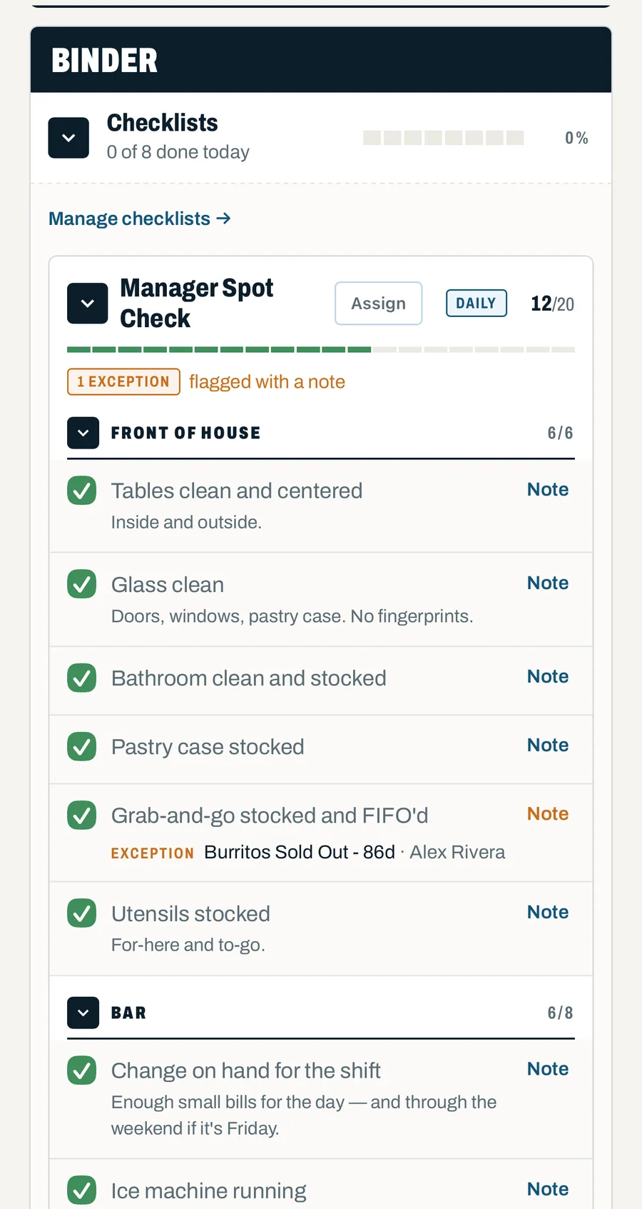 A manager spot check part-way through on a phone, with one item flagged as an exception and the note explaining it